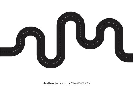 curved winding road vector illustration with dashed center lines, simple black and white highway pathway design for journey, navigation, direction, and travel concepts