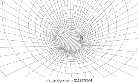 Túnel abstracto del armazón de alambre curvo. Agujero vectorial 3D con estructura de malla. Vortex. Cuadrícula de perspectiva del vector.