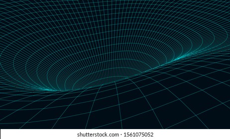 Curved wireframe abstract tunnel. Wavy 3D vector wormhole with a mesh structure.