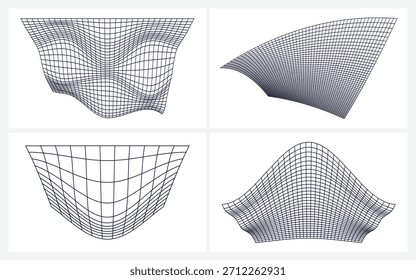 Curved Wireframe Mesh Surfaces Collection, Set of four smooth, curved wireframe forms with saddle and bent surfaces. Minimal black‑line geometry for technology, science and modern design