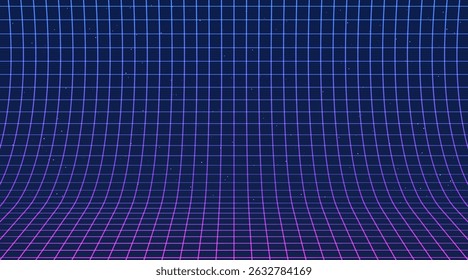 Curved Wireframe Retro Futuristic Grid With Stars. Background in 80s Style. Synthwave, Retrowave, Vaporwave Theme