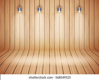 Curved wooden background with spotlights. Presentation and mockup platform. Vector Illustration.