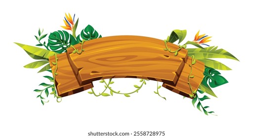 Curved wooden banner surrounded by tropical foliage and bird of paradise flower. Vector cartoon illustration