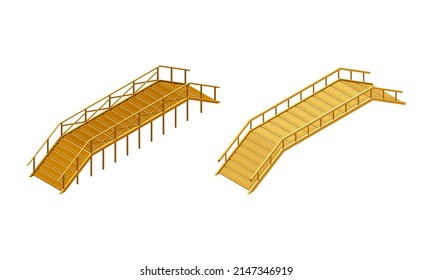 Curved Wooden Bridge with Balustrade Railing Vector Set