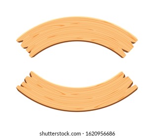 curved wooden planks isolated on white background, wood plank curve for signs and copy space, wooden signs curve shape, empty wood plank brown for message text