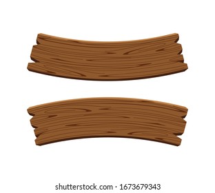 curved wooden planks isolated on white background, wood plank curve for signs and copy space, wooden signs curve shape, empty wood plank dark brown for message text, vector