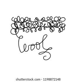 Curved word "wool' and black curly line-thread