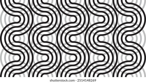 Curved zigzag offset lines pattern. Black and white outline pattern. Great for fabric, branding, wallpaper, templates, covers, posters, cards and prints