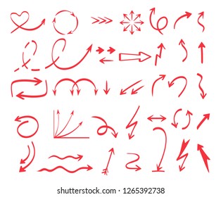 Curves arrows shapes. Pen drawing colored arrows direction vector collection isolated on white