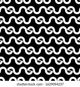 Curves, dots seamless ornament. Curved lines, mini circles print. Ethnic pattern. Folk wallpaper. Tribal motif. Wavy stripes, spots background. Geometrical shapes backdrop. Abstract image. Vector.