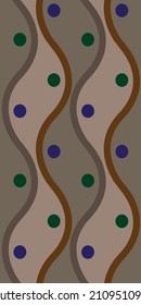 Curves and dots seamless pattern. Colors: brown, grey, green and purple.
