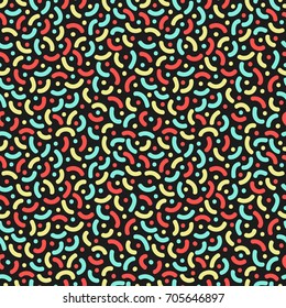 Curves and dots. Seamless pattern in memphis style. 80s 90s style. Vector colorful illustration.