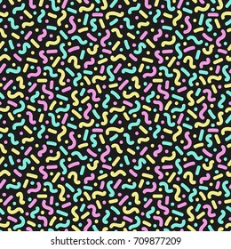 Curves and dots. Seamless pattern in memphis style. 80s 90s style. Vector colorful illustration.