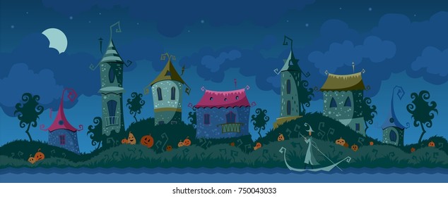 Curves houses on the river bank. Holiday Halloween. On the shore lay a pumpkin. On the river floats boat. Picture in dark colors. Blue sky with clouds and moon. Creepy grim state of the image. Vector