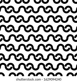 Curves seamless ornament. Curved lines print. Ethnic pattern. Folk wallpaper. Tribal motif. Wavy stripes background. Geometrical shapes backdrop. Textile digital paper, abstract image. Vector artwork.