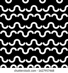 Curves seamless pattern. Curved lines print. Ethnic ornament. Folk wallpaper. Tribal motif. Wavy stripes background. Geometrical shapes backdrop. Vector artwork. Textile digital paper, abstract image.