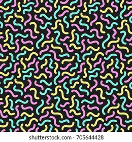 Curves. Seamless pattern in memphis style. 80s 90s style. Vector colorful illustration.