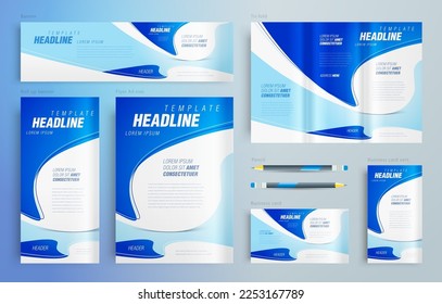 Curves theme Blue color Set flyer cover, tri-fold, banner, roll up banner, business card