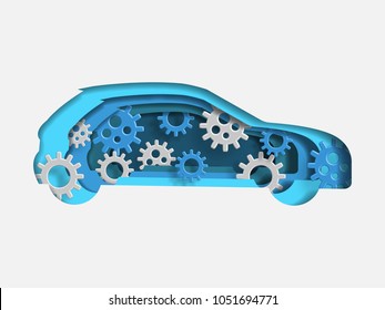 Curvilinear form of car containing the set of gears. Volumetric multilevel cut from a paper of car. Business concept of travelling. Creative idea. Technology background. Vector illustration.
