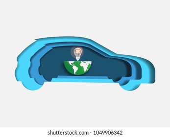 Curvilinear form of car containing wireframe lightbulb and green earth. Volumetric multilevel cut from a paper of car. Business concept of eco system and environmental saving. Creative idea. Technolog