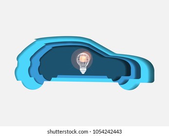 Curvilinear form of car containing wireframe lightbulb. Volumetric multilevel cut from a paper of car. Business concept of eco car and environmental saving. Creative idea. Technology background. 