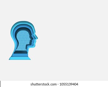 Curvilinear form of human brain containing digits. Volumetric multilevel cut from a paper of human head. Business concept of investment. Creative idea. Technology background. Vector illustration.
