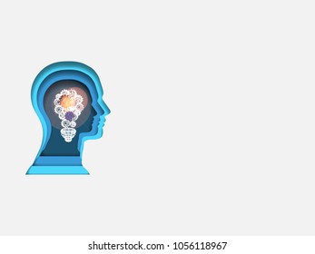 Curvilinear form of human brain containing group of 3d gears formed as the lightbulb shape. Volumetric multilevel cut from a paper of human head. Business concept of innovation. Creative idea. 