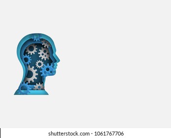 Curvilinear form of human brain containing wheels. Volumetric multilevel cut from a paper of a profile of person. Business concept. Creative idea. Technology background. Vector illustration.