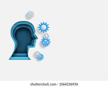 Curvilinear form of human brain and group of 3d gears. Volumetric multilevel cut from a paper of human head. Business concept of innovation. Creative idea. Technology background. Vector illustration.
