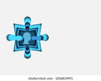 Curvilinear form of jigsaw containing head model and digits. Volumetric multilevel cut from a paper of jigsaw. Business concept. Creative idea. Technology background. Vector illustration.