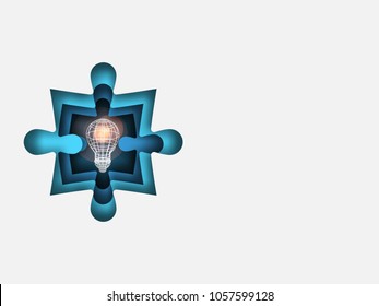 Curvilinear form of jigsaw containing wireframe lightbulb. Volumetric multilevel cut from a paper of jigsaw. Business concept. Creative idea. Technology background. Vector illustration.
