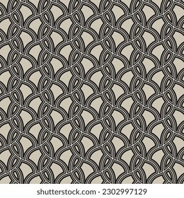 Curvilinear geometric mesh with black and white braided lines. Wavy graphic texture. Modern design lace. illustration. Seamless repeating pattern. Vector image.