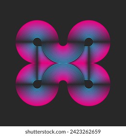 Curvilinear intertwined rounded shapes logo pattern, intersecting arcs and circles with smooth blue-pink thin lines, creative psychedelic symbol.