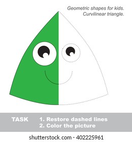 Curvilinear triangle in vector colorful to be traced. Restore dashed line and color the picture. Visual game for children. Worksheet to be colored.