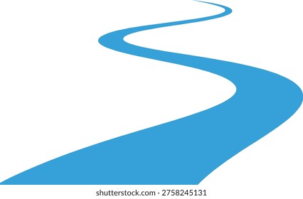 Curving blue road vector illustration featuring winding river path, abstract highway journey, perspective trail, and minimalist flowing stream design,