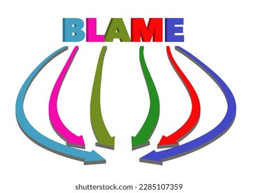 Curving colorful arrows emanate from the word BLAME and point at one thing in a vector illustration.