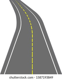 
Curving highway with a dashed yellow dividing strip, on a white background.