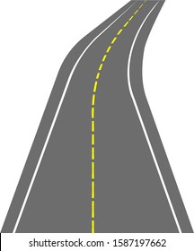 Curving highway with a dashed yellow dividing strip, on a white background.