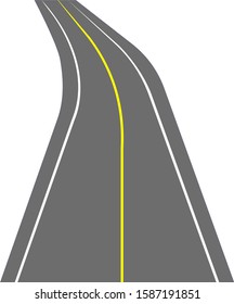 Curving highway with a solid yellow dividing strip, on a white background.