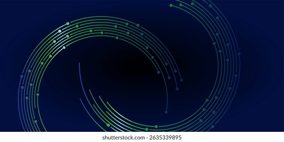 Curving lines and dots on a dark gradient backdrop, abstract