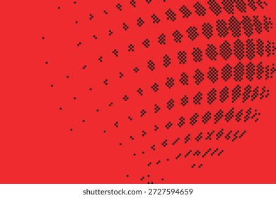 Fondo digital rojo curvado con bloques de píxeles negros que forman un efecto de deformación esférica y perspectiva distorsionada para la Ilustración vectorial profunda