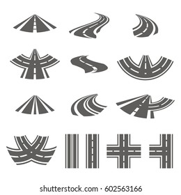 Curving Road Vector Set. Roads Logo Set In Grey Colour With  Isolated Curvy Suburban Roads Images With Fork Turns Illustration