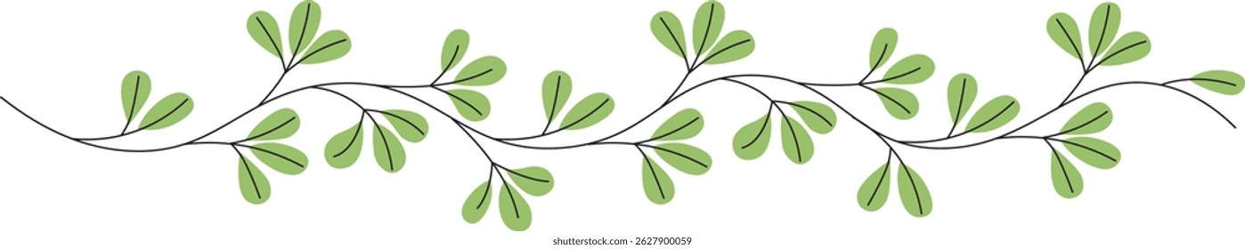 A curving stem displays small leaves in a minimalistic flat style.  The slender branch meanders with delicate foliage along its length. Cartoon vector illustration