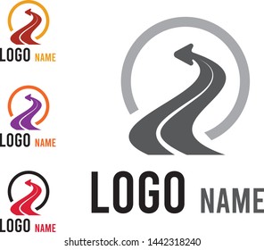 Curving tarred road or highway icon logo with arrow, cartoon vector illustration isolated on white background. Logistics logo