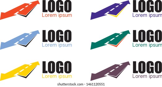 Curving tarred road or highway icon logo with arrow, cartoon vector illustration isolated on white background
