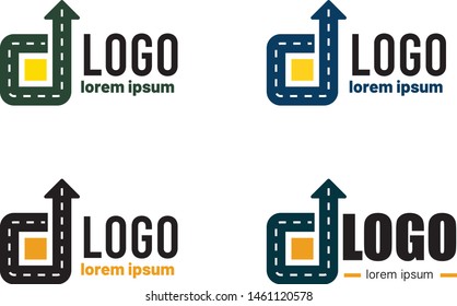 Curving tarred road or highway icon logo with arrow, cartoon vector illustration isolated on white background
