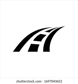 Curving tarred road or highway icon logo with center markings with diminishing perspective to infinity, cartoon illustration isolated on white