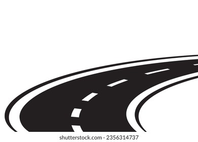 Curving tarred road or highway icon logo with center markings with diminishing perspective to infinity, cartoon illustration isolated on white