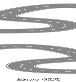 Curving winding road or highway with center cartoon illustration isolated on white
