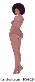 Curvy african american girl in underwear isolated on white. Vector illustration. Plus size model in lingerie or swimsuit and high heels. Body positive concept. Beautiful black woman.